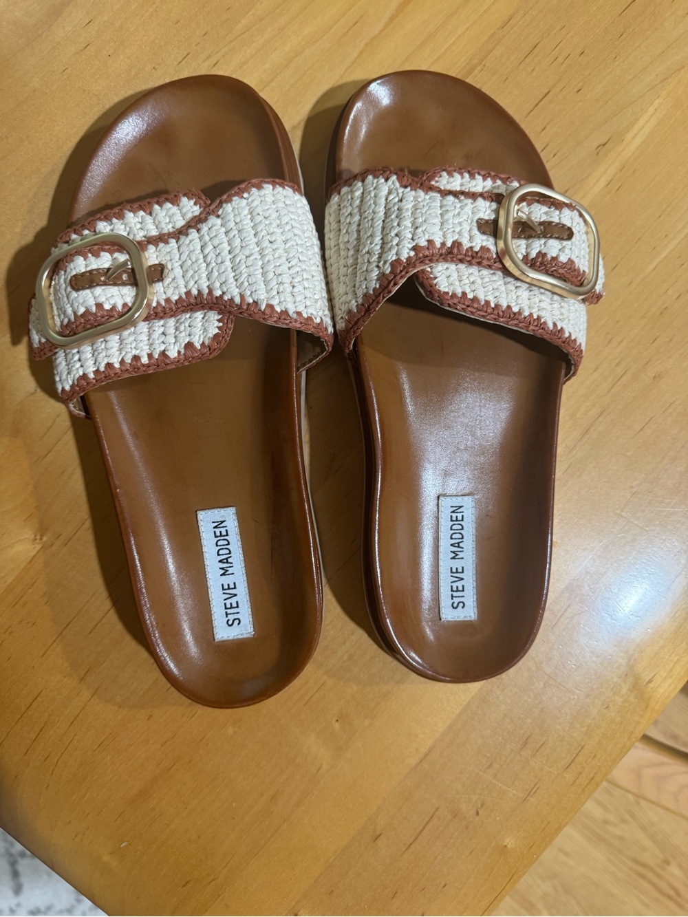 Steve Madden Cream and Brown Woven Buckle Slide Sandals - Picture 6 of 7